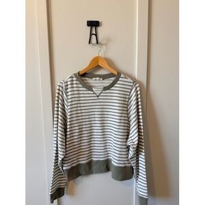 Madewell Womens Large Olive Green White Striped Waffle Knit Thermal Top spring